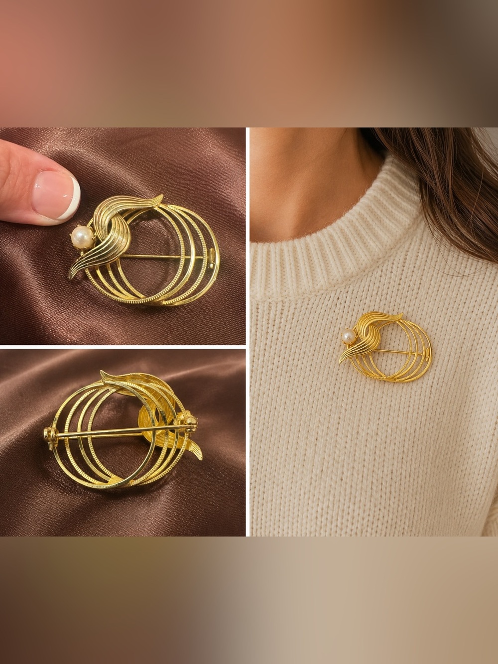 Gold-Tone Ripple Pearl Accent Brooch - Women Jewelry